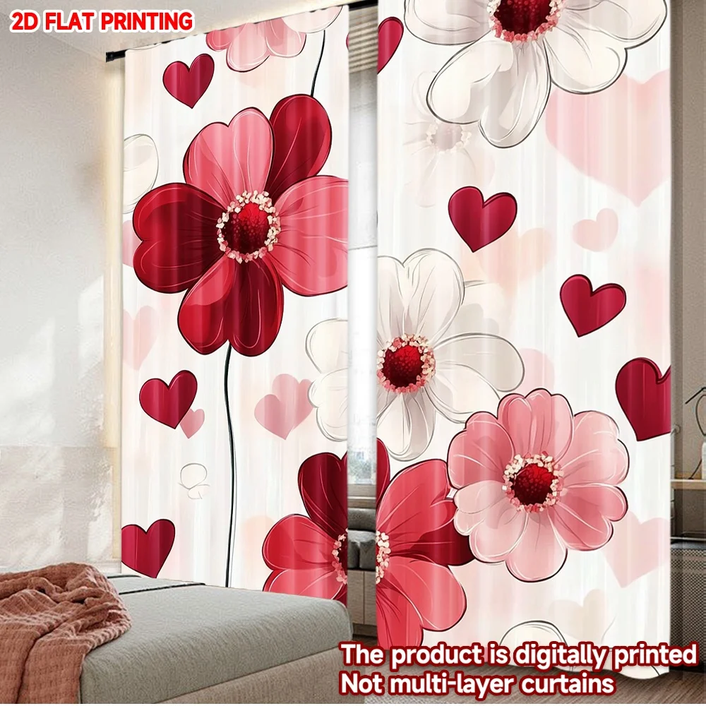 2D flat printing 2pcs Curtain Curtain Valentine's Floral Hearts Digital Printed Polyester Drapes Holiday Decorations Use for