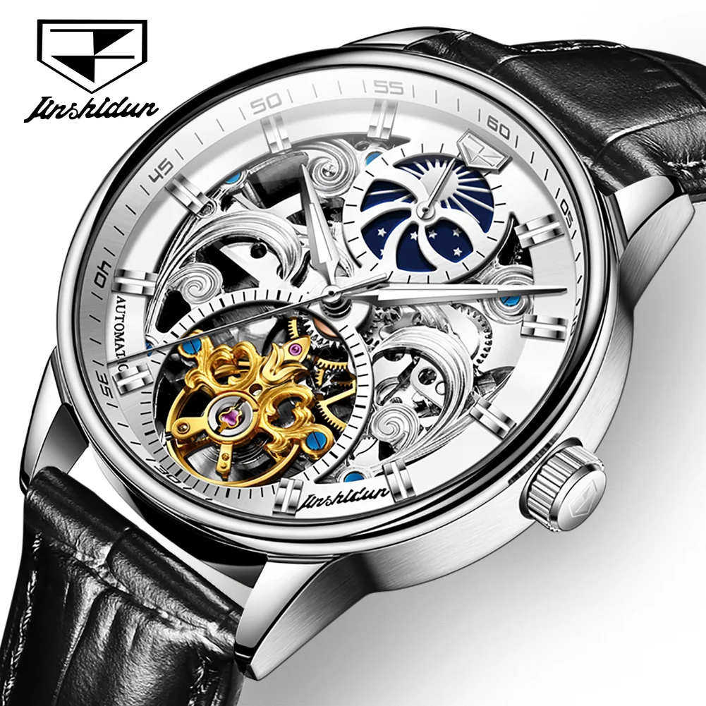 JSDUN Skeleton Watches Mechanical Automatic Watch Men Tourbillon Sport Clock Casual Business Moon WristWatch Relojes Hombre 40mm