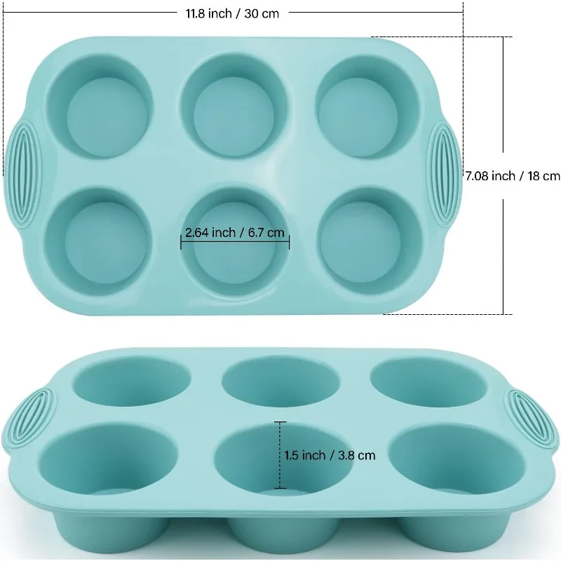 Muffin Pan - 6-Cavity Nonstick Baking Tray for Muffins, Cupcakes and More,3 Colors (Gray, Orange, Peacock Blue)