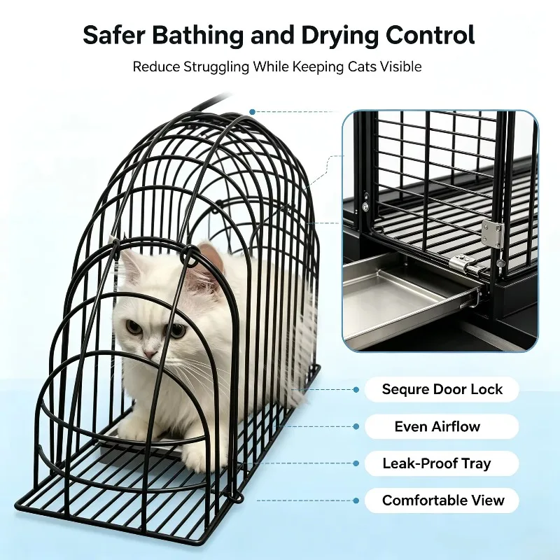 Professional Iron Frame Cat Washing & Drying Cage – Powder-Coated, 50 lb Capacity, Plastic Tray