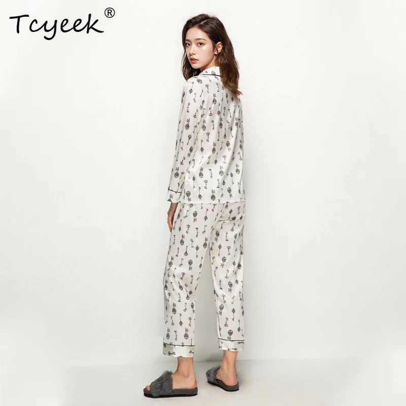 

Tcyeek, 19MM 100%Real Silk Pajama Set, Women Long Sleeve Pants, Comfortable Print Sexy Homewear, 2024 Summer Fall S550146QM