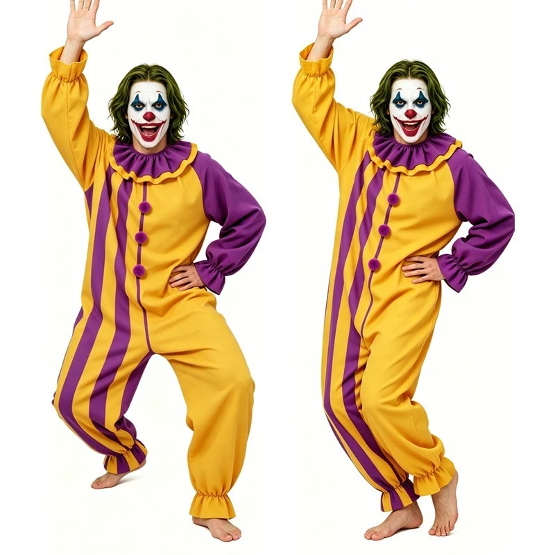 New yellow purple color blocked clown jumpsuit for adult Halloween clown stage performance cosplay costume clown costume