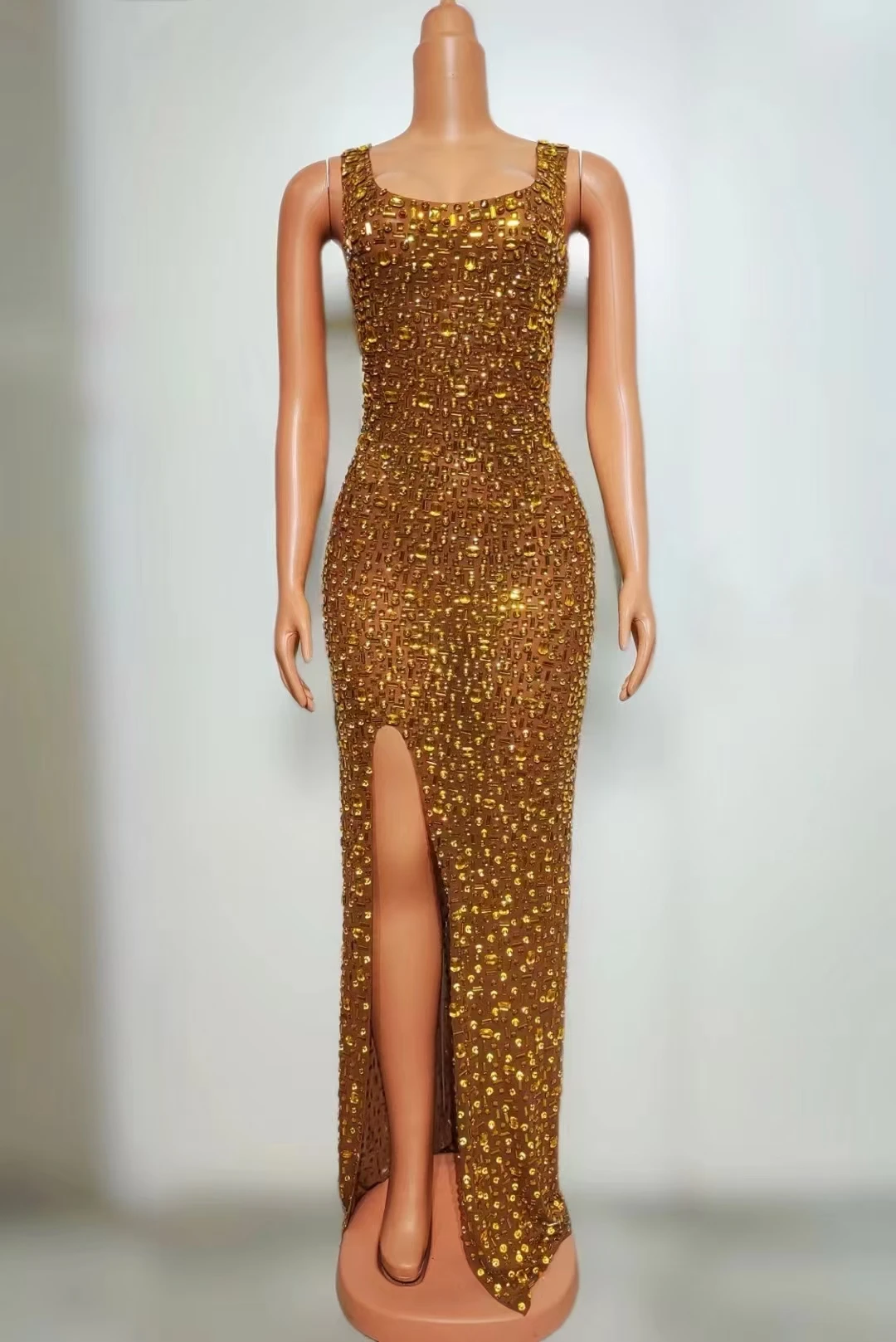 

uxurious Gold Rhinestones Sleeveless LongDress Women Sexy Mesh See Through CelebrateEvening Prom Birthday Dress Photo Shoot A653