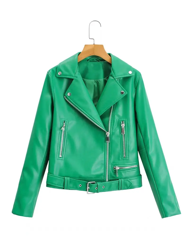 Short Green Gecko Biker Leather Jacket Long Sleeve Zipper Belt Black Basic Coat Outerwear for Women Fashion 2022 Zipper Rivet