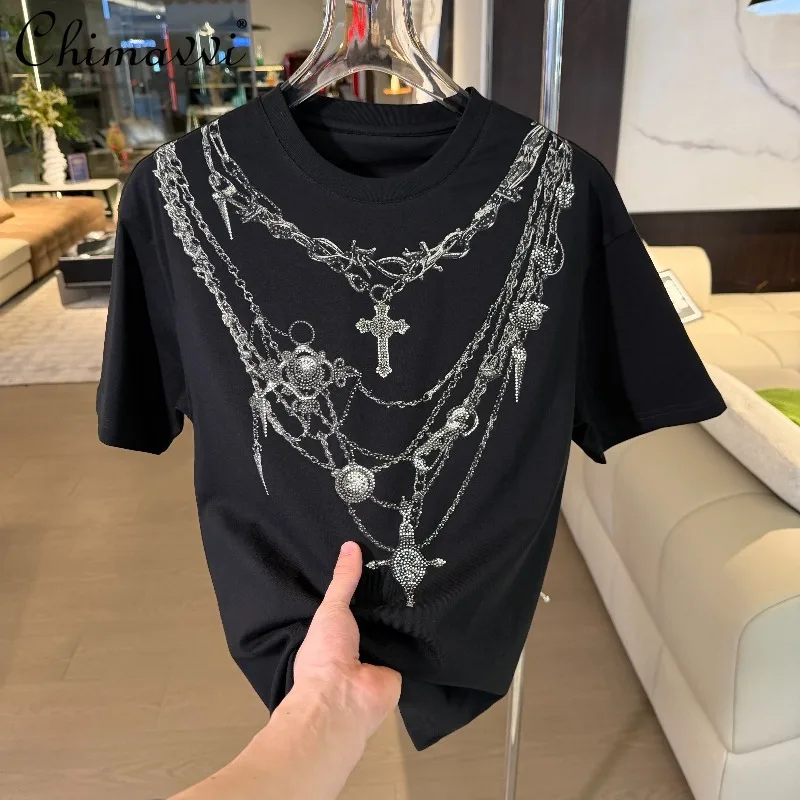 

2026 Summer New Street Style Rhinestone Embellished Oversized Crew Neck Short Sleeve T-shirt Men's Fashion Casual Tee Top