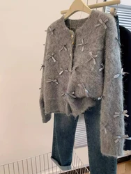 Grey Bow Sweater 2026 Autumn Winter Women Temperament High Soft Mohair Knitted Cardigan Fragrant Coat Casual Tops Korean