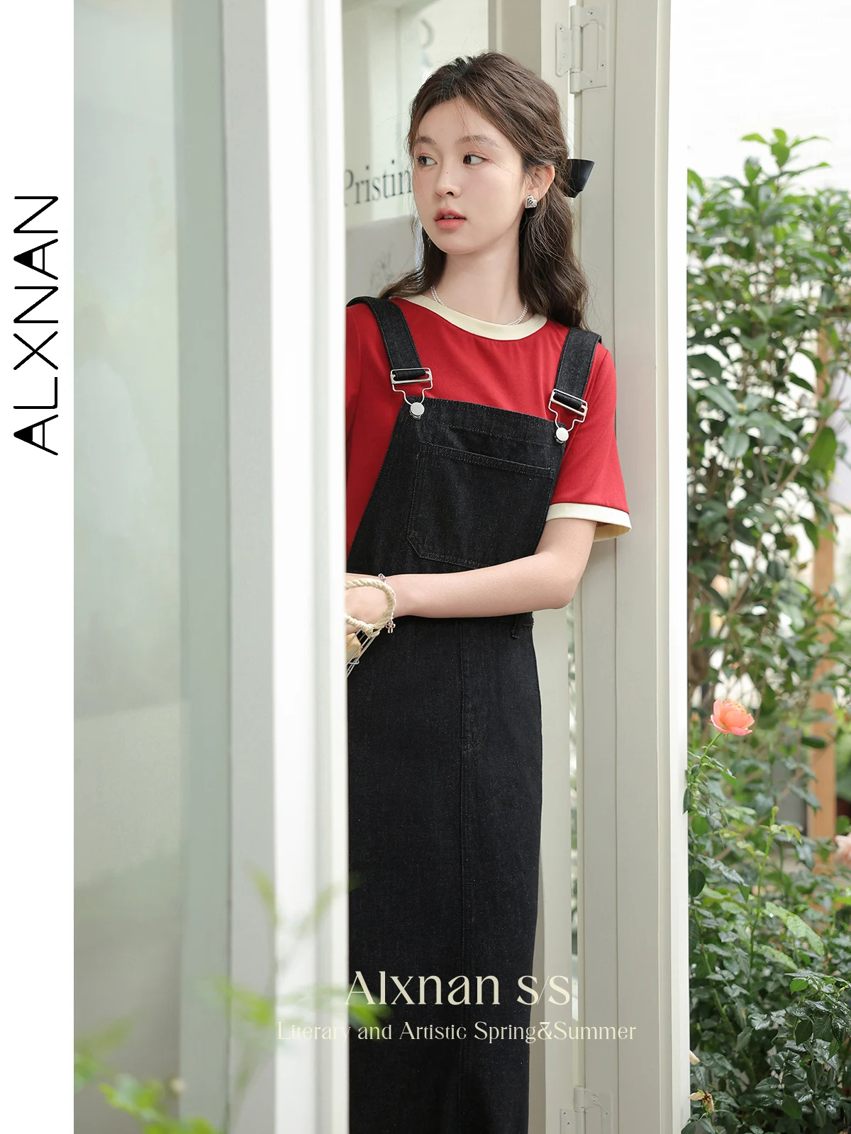 ALXNAN Women Black Denim Overall Dresses 2024 Sweet Fashion Slash Neck Wide Strap Slant Pockets A Line Midi Dress Clothes L35207