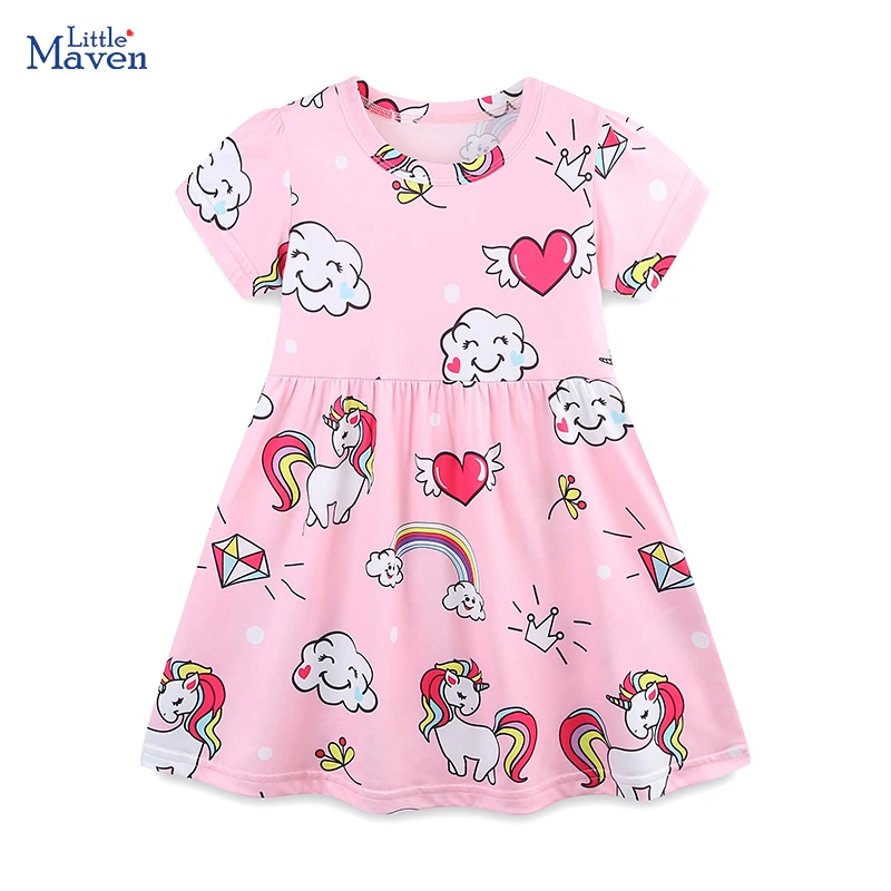 Little Maven 2025 Sommer Kinderkleidung Baby Mädchen Kinderkleidung Neue Ärmel Cartoon Regenbogen Einhörner Kleider 2–7 Jahre