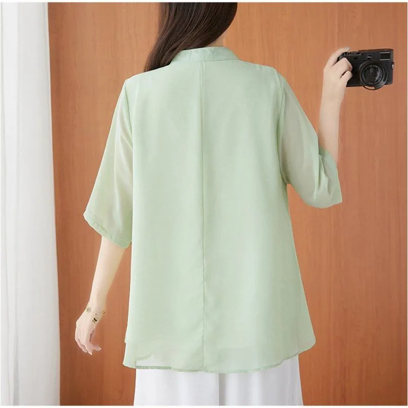 Women's Cotton and Linen Blouses Pullover Half Sleeve Retro Top Stand Collar Loose Thin Shirt Chinese Embroidery Tea Clothing