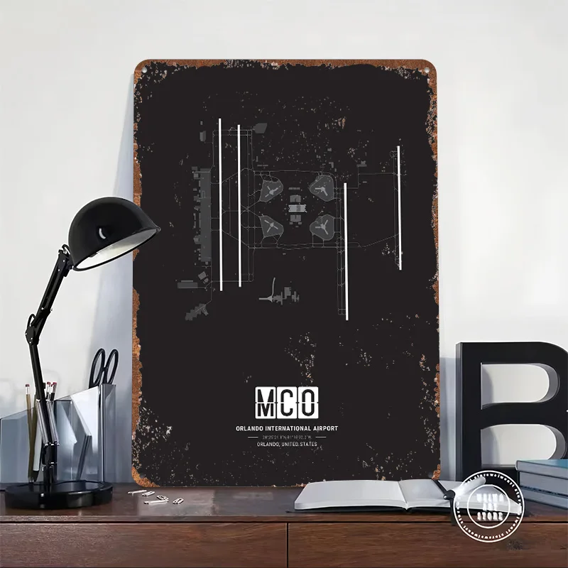 أورلاندو مطار تخطيط معدني ملصق تين تسجيل جدار الفن الأشياء لتصميم الغرفة علامات معدنية قابلة للتخصيص لديكور المنزل