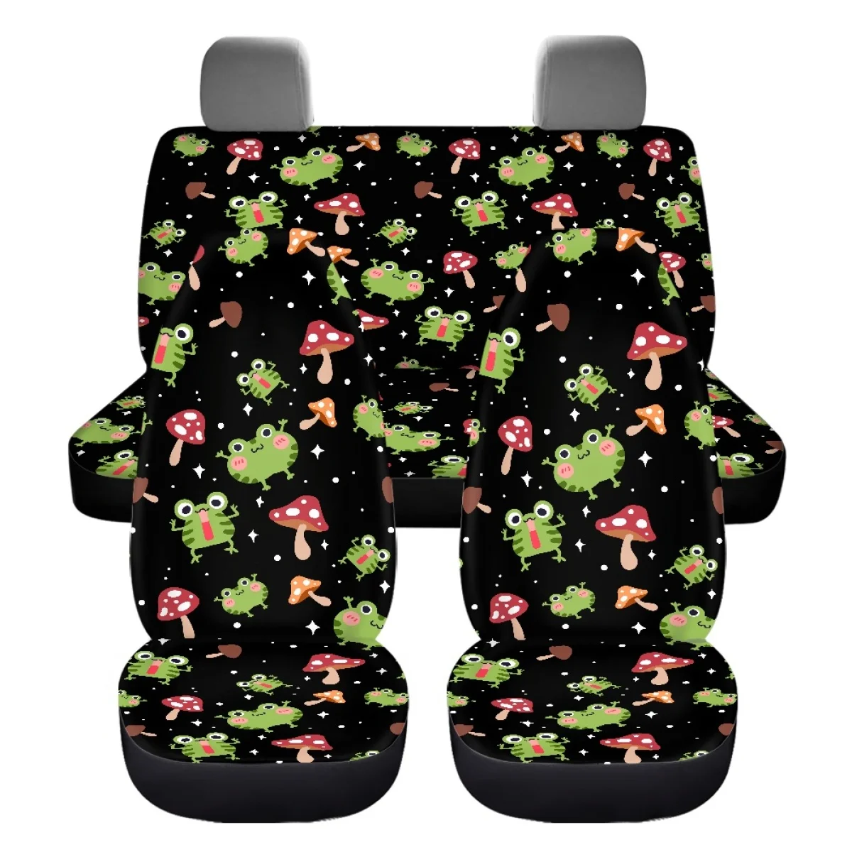 Cartoon Frog Mushroom Pattern Car Seat Cover Full Set for Women Female Comfortable Non-slip Seat Belt Cover Steering Wheel Cover