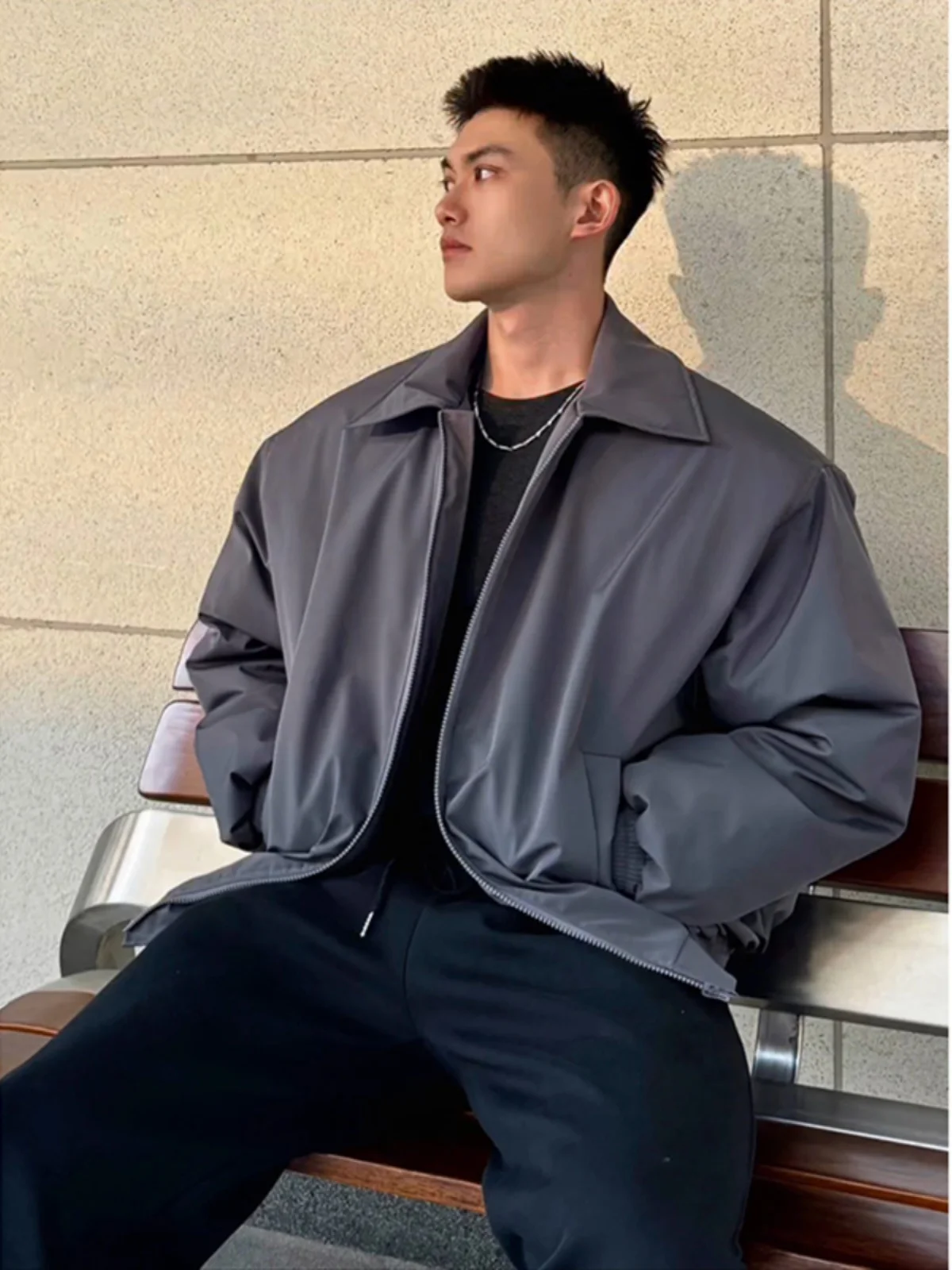 Gray Cotton Jacket for Men Shoulder Pad Baseball Style Casual Coat Winter Three-Proof Turn-down Collar Youth Popular Outerwear