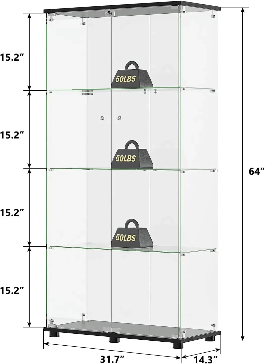 

Glass Display Cabinet with 4 Shelves, Double Doors, Floor Standing Display Cage, for Living Room , 64 x 31.7 x 14.3 in, Black
