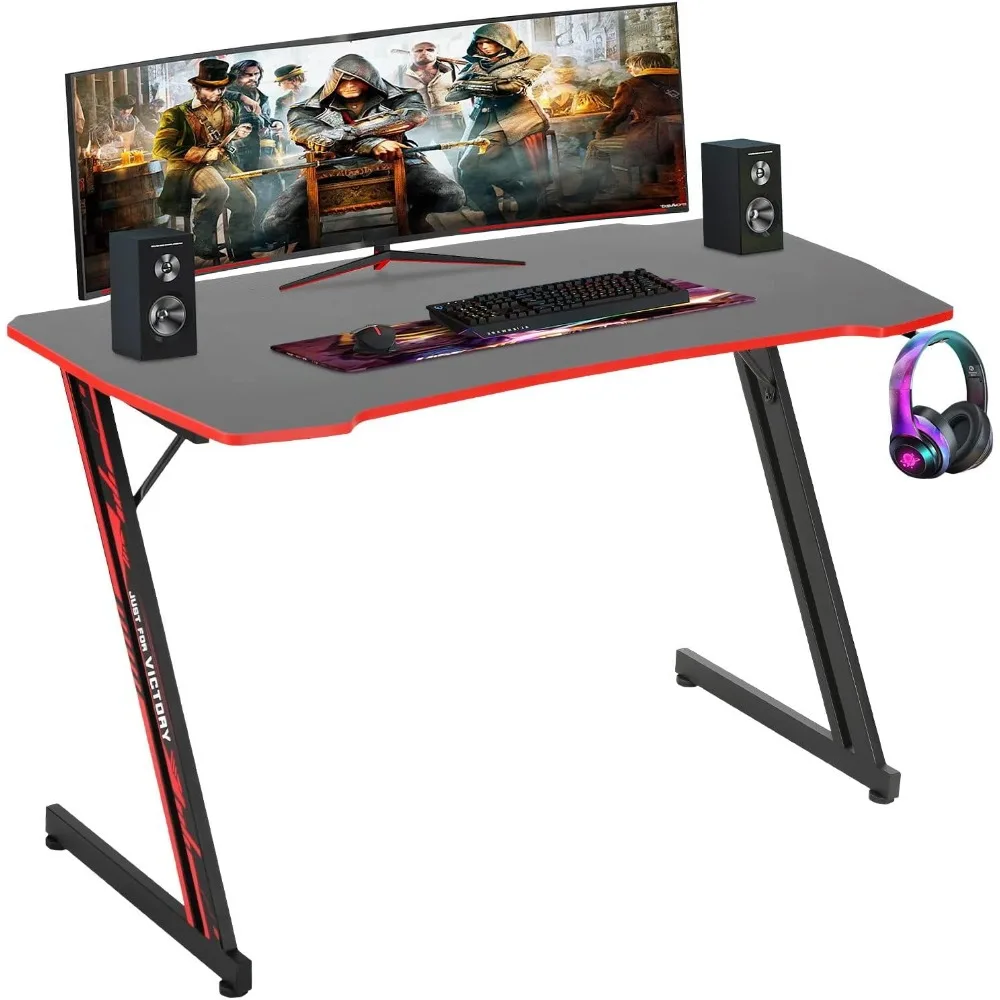 BestOffice 35/39/47 Computer Desk Z Shaped Workstation Ergonomic Table with Headphone Hook for Game Players (Red, 47 in)