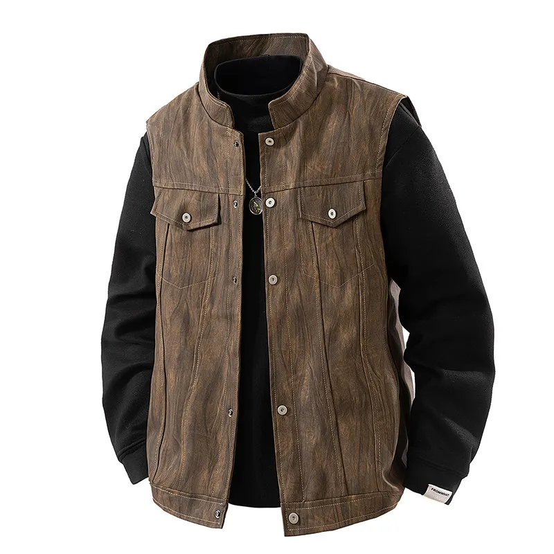 

Retro American Leather Vest Men's Trendy Functional Svel Tank Top Biker Sle Stand Collar Casual Outerwear