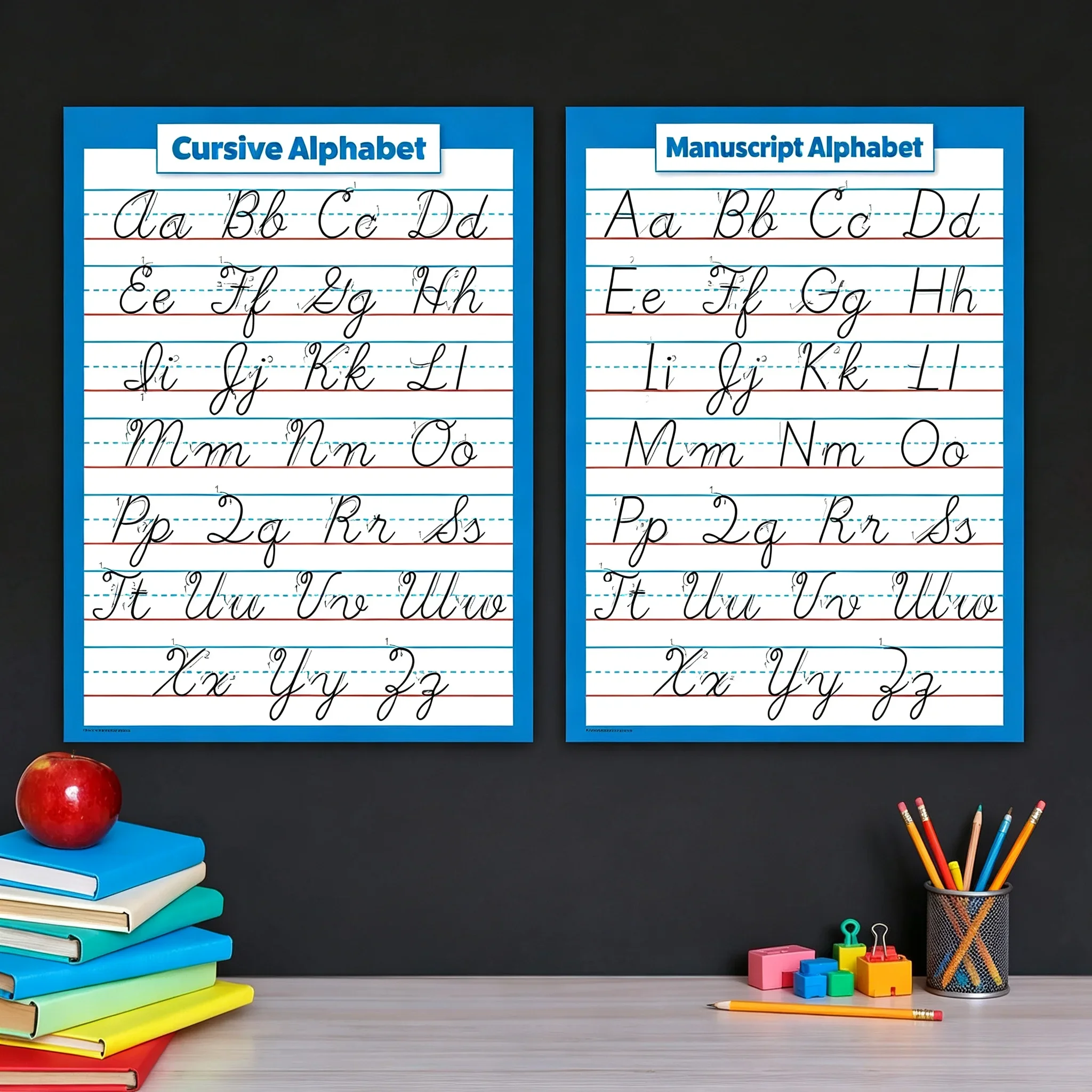 2pcs frameless Canvas Painting Educational English Alphabet Chart Frameless Poster, Cursive Manuscript Letter Wall Hanging Print