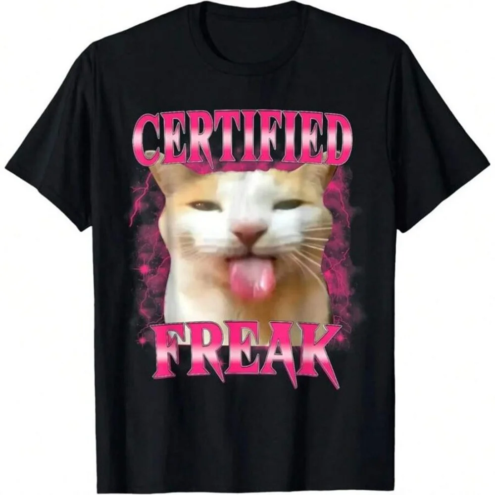 Certified Freak Eating Cement Unhappy Cat Funny Cat Expression Pack T-shirt Women's Summer Round Neck T-shirt Men's Black Y2K