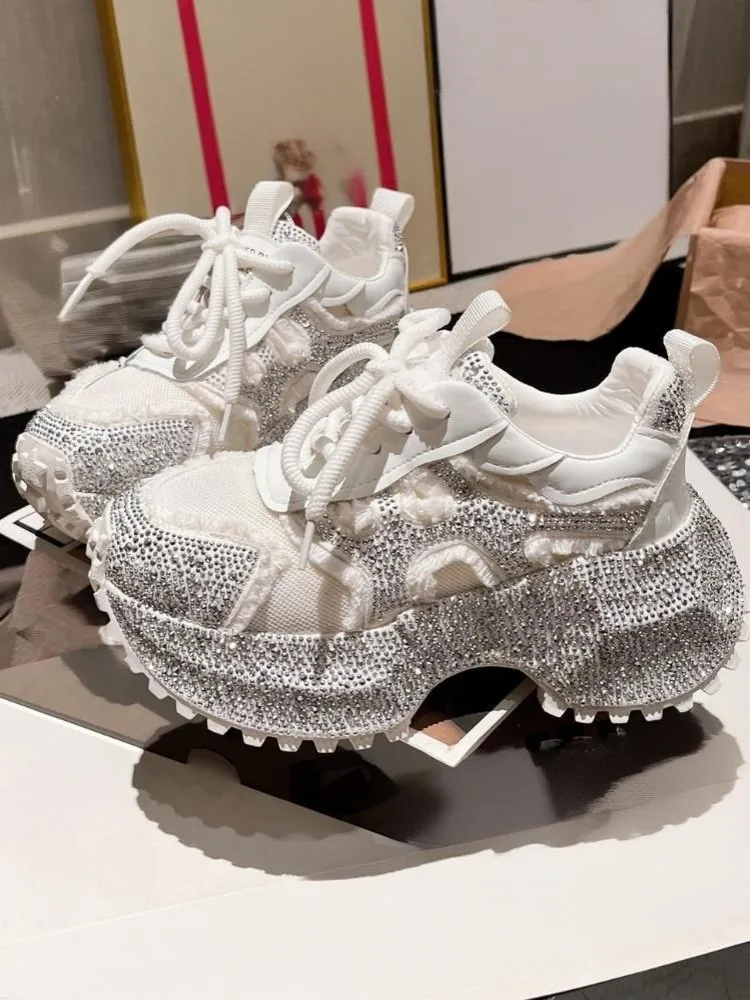 Concise Genuine Leather Diamond Platform Pumps Solid Color Cowhide Round Toe Height Increase Lace-Up Women High Heels Shoes