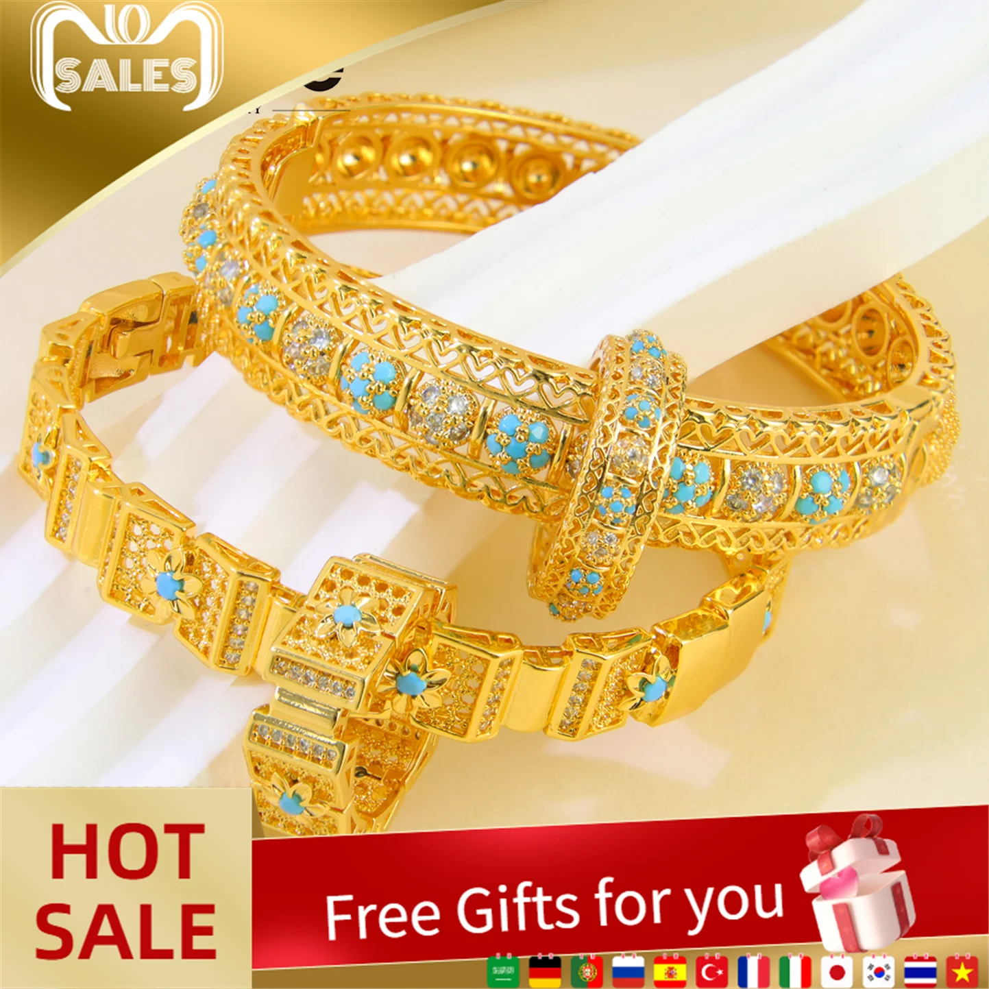

Luxury Dubai Gold Wedding Jewelry Set 21k Gold Plated Italian Fashion Cuff Bracelet Ring Ethiopian Women Party Bangles