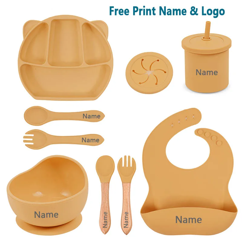 

Personalized Name Feeding Sets For Kids 8PCS/Set Baby Silicone Sucker Bowl Plate Cup Bibs Spoon Fork Sets Bear Dinner Plate Set