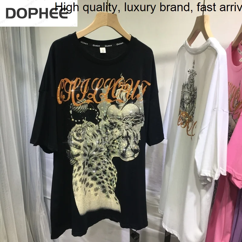 

Summer Short Unisex Sleeve T-shirt 2023 New Fashion Domineering Panther Hot Drilling Mid-long Pullover Top Streetwear Loose Tees