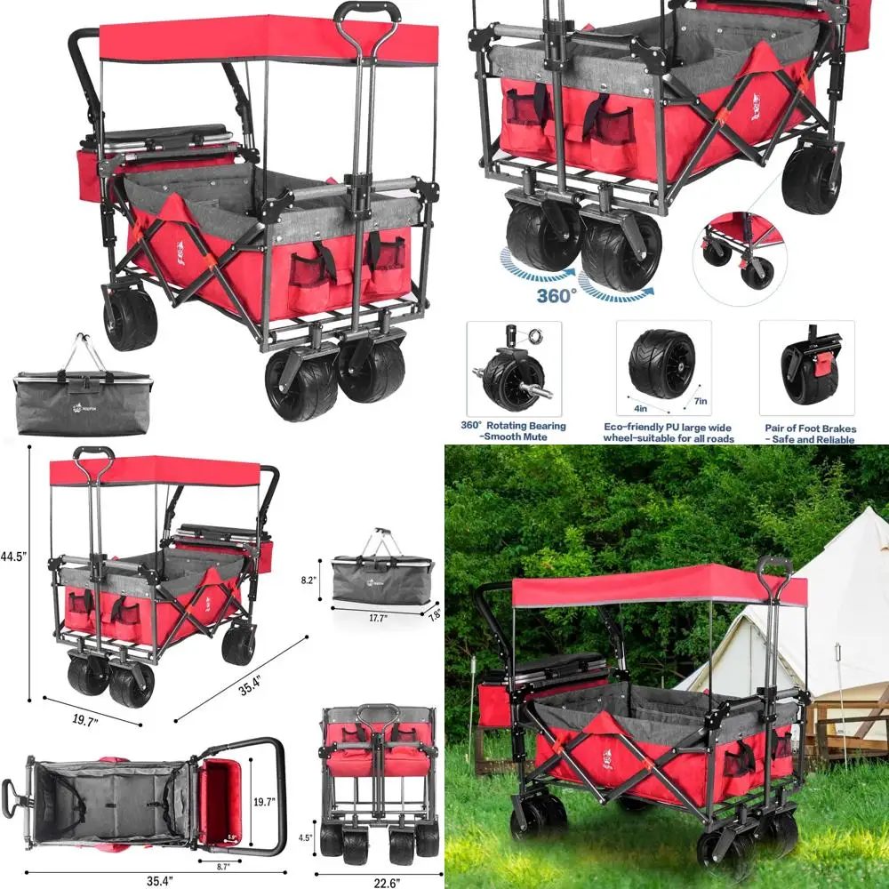 

Collapsible Wagon Heavy Duty Folding Wagon Cart with Removable Canopy, 4 Wide Large All Terrain Wheels, Brake, Adjustable Handle