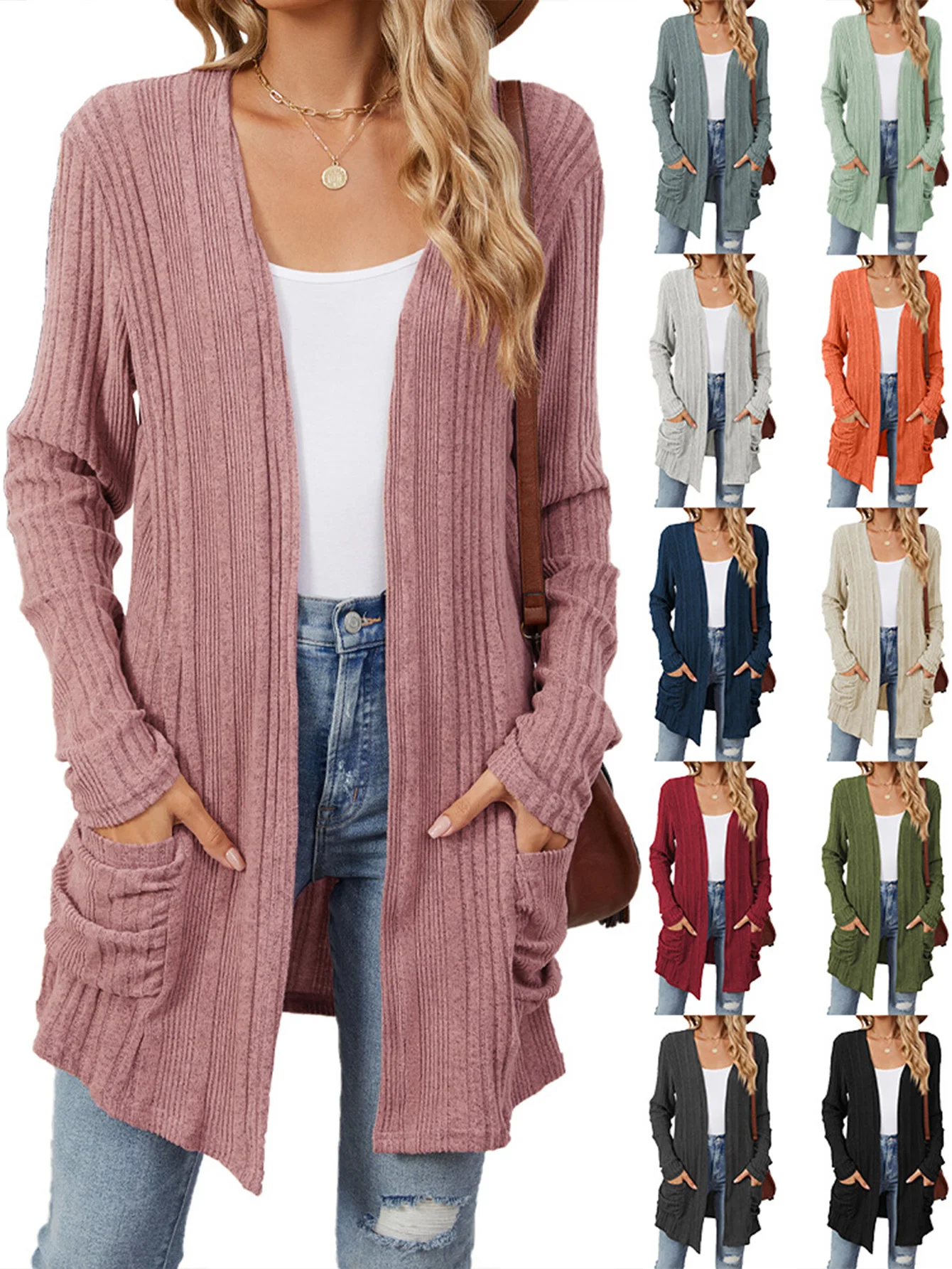 Autumn Winter New Solid Color Pit Stripe Brushed Pocket Cardigan Best Selle Long Sleeved Jacket for Woman Clothes