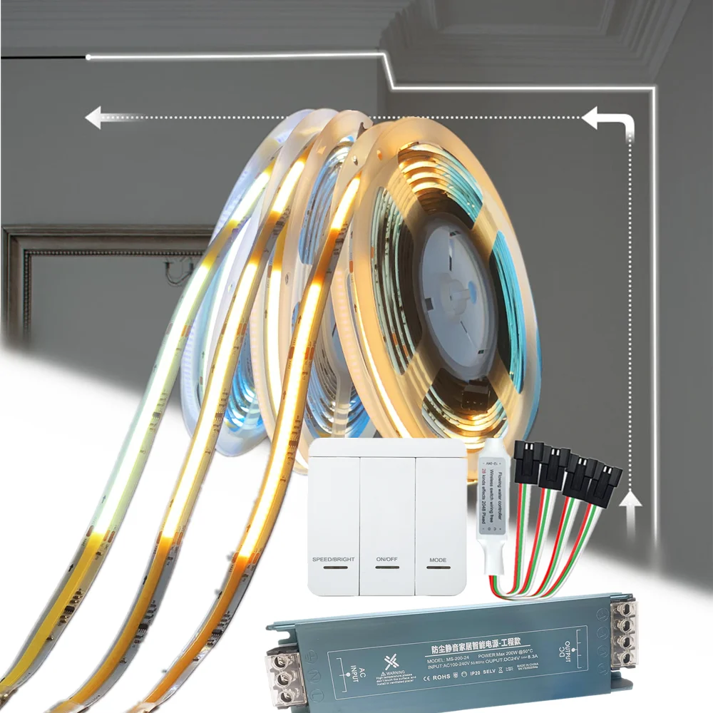 

COB Running Water Flowing LED Strip WS2811 DC24V Horse Race Sequential LED Ribbon With RF Button Panel Controller 10M 20M Set