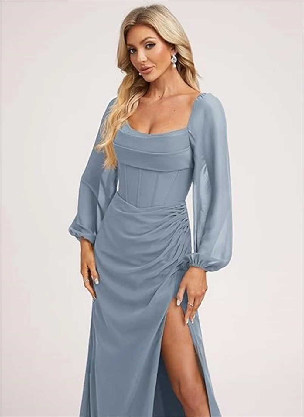 Vestidos de dama de honra com mangas compridas inchadas, personalizados, com fenda lateral, espartilho, corpete, cintura império, festa de baile, verde, mãe