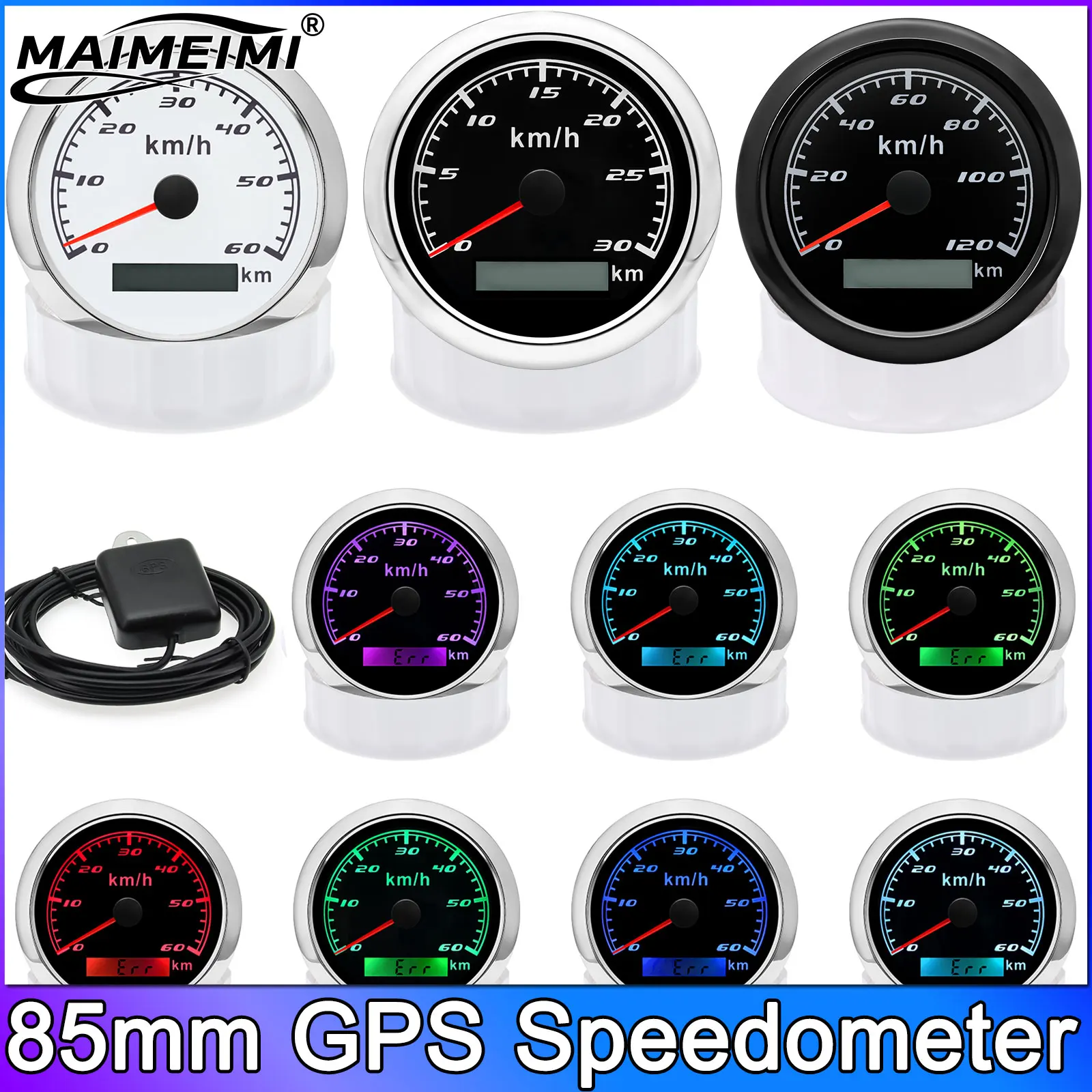 

85 мм GPS-спидометр + антенна, 7-цветная подсветка, измеритель скорости для автомобиля, лодки, яхты, 12 В, 24 В, автомобилей KM/H с GPS-антенной