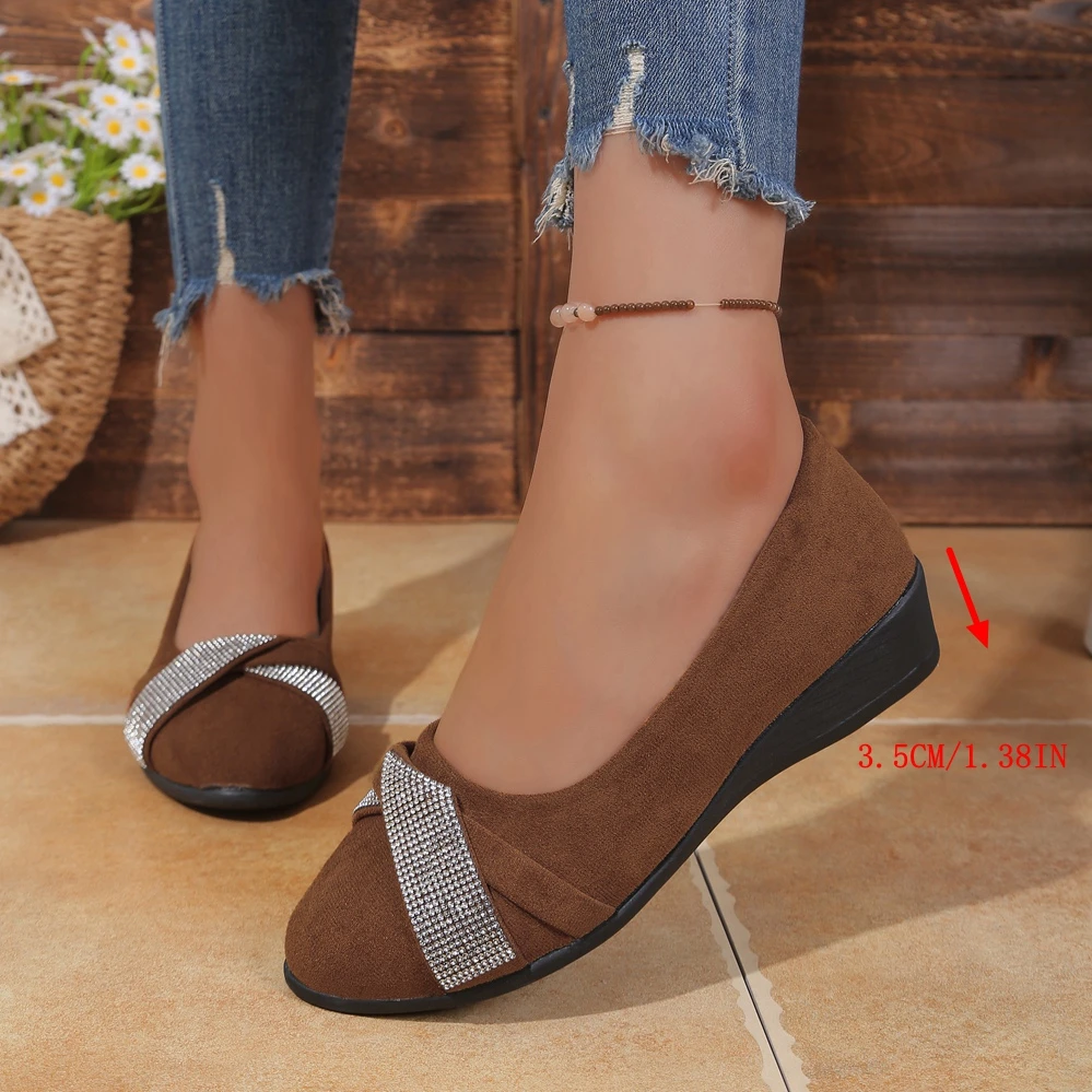 Damen-Keilabsatzpumps mit Strass-Schleife, geschlossener Zehenbereich, Slip-On-Plattform, dicker Absatz, lässige Damenschuhe, große Größen – Detail 22