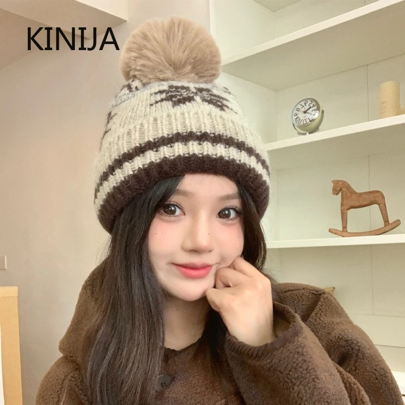 Ins Retro Snowflake Jacquard Knitted Wool Hat Beanies Cap for Women Winter Thickened Warm Fashion Pullover Hat Korean