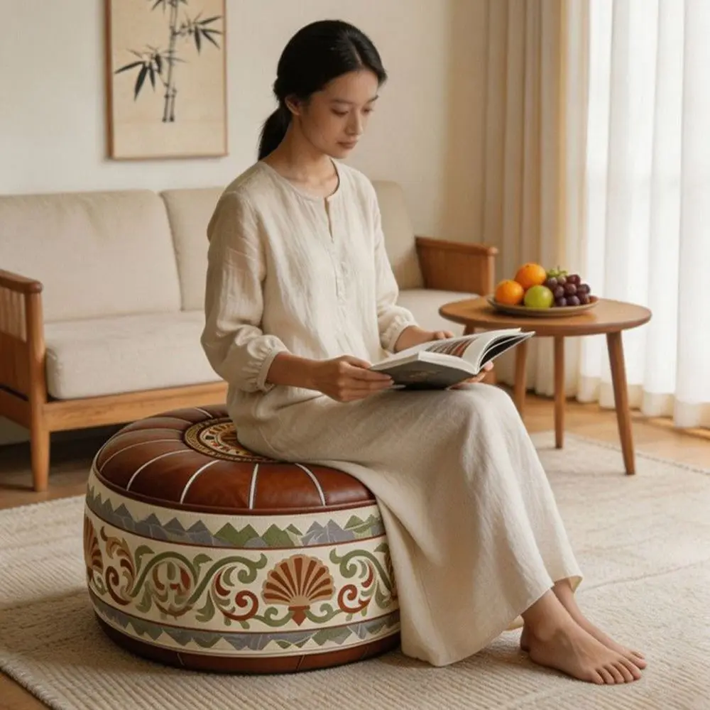 New PU Leather Fillable Ottoman Pouf Round Shape Moroccan Style Round Pouf Cover Embroidered Pattern Storage Ottoman Living Room