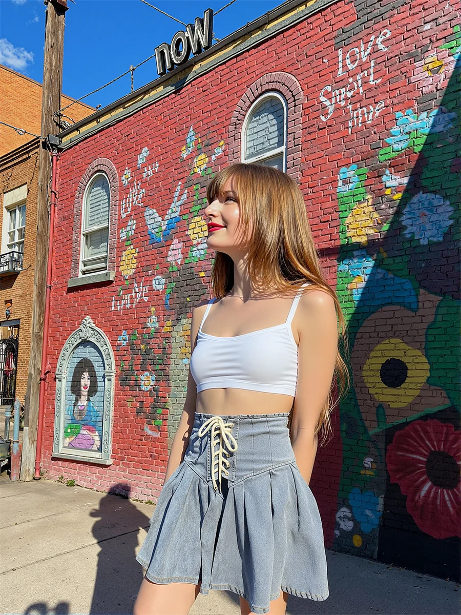 

Плиссированные джинсовые мини-юбки, женские гофрированные лоскутные сетчатые юбки на шнуровке, женские художественные детали, современный шик, многоуровневые, удобные, милые