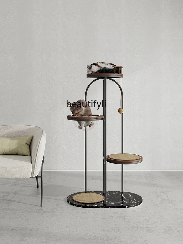 E153 Compact Space Capsule Style Solid Wood Cat Scratching Post Black Cat Climbing Frame Integrated Cat Bed