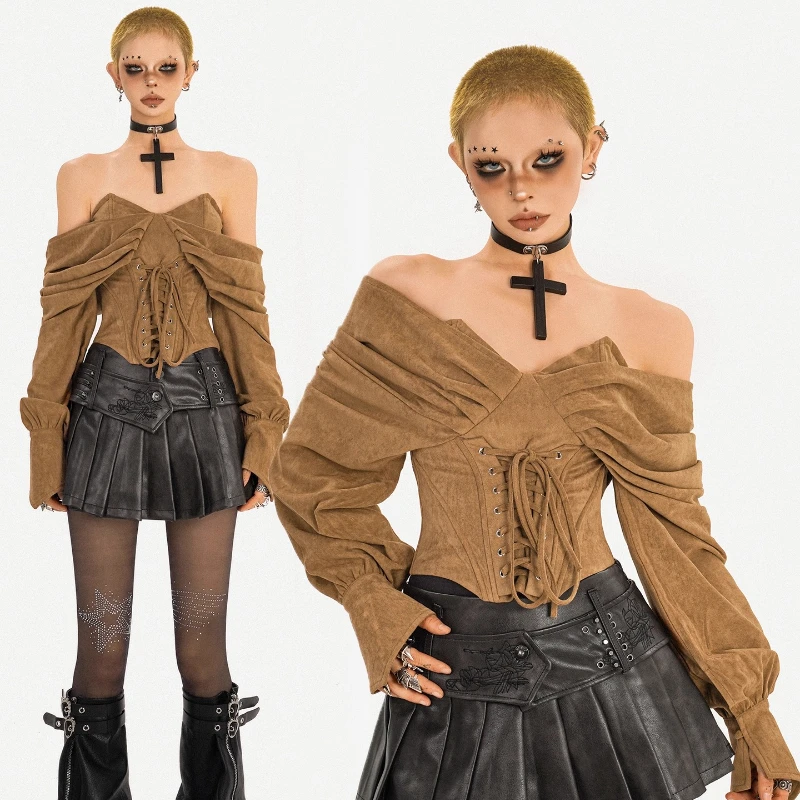 Gothic Retro Hot Girl Sexy Off-Shoulder Fishbone Women's Tube Top 2025 Autumn New Design Tie Slimming Long Sleeve Shirts Ladies