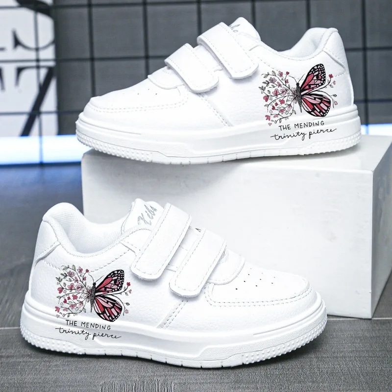 JGSHOWKITO Girls White Shoes with Cartoon Butterfly Printed Classic Soft Comfortable Breathable Kids Fashion Classic Skate Shoes
