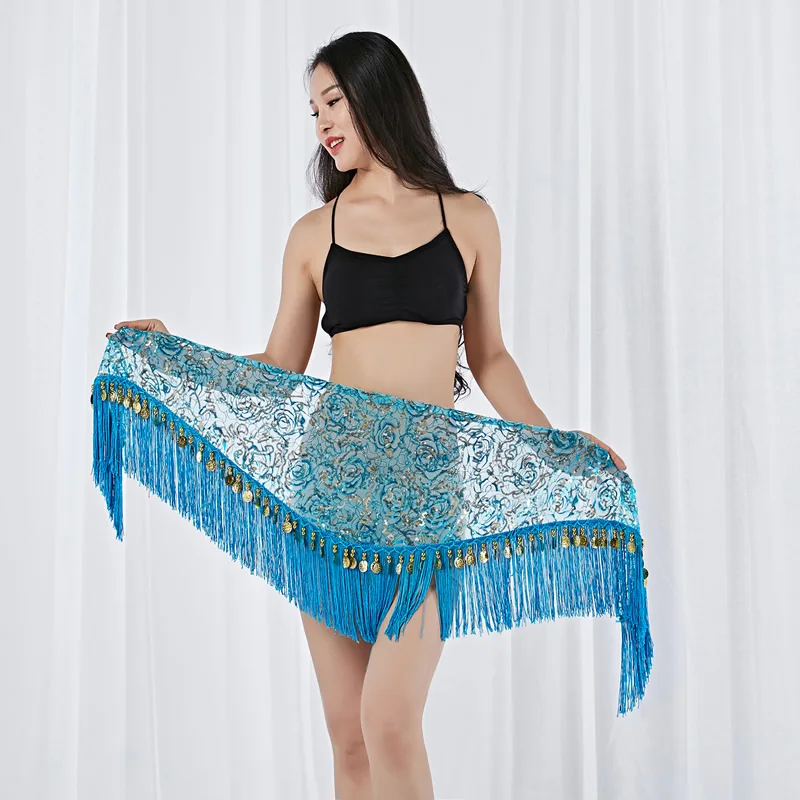 New Belly Dance Hip Scarf Triangle Mesh Diamond HipTowel Multi Layer Tassel Beaded Waist Chain Group Versatile Practice