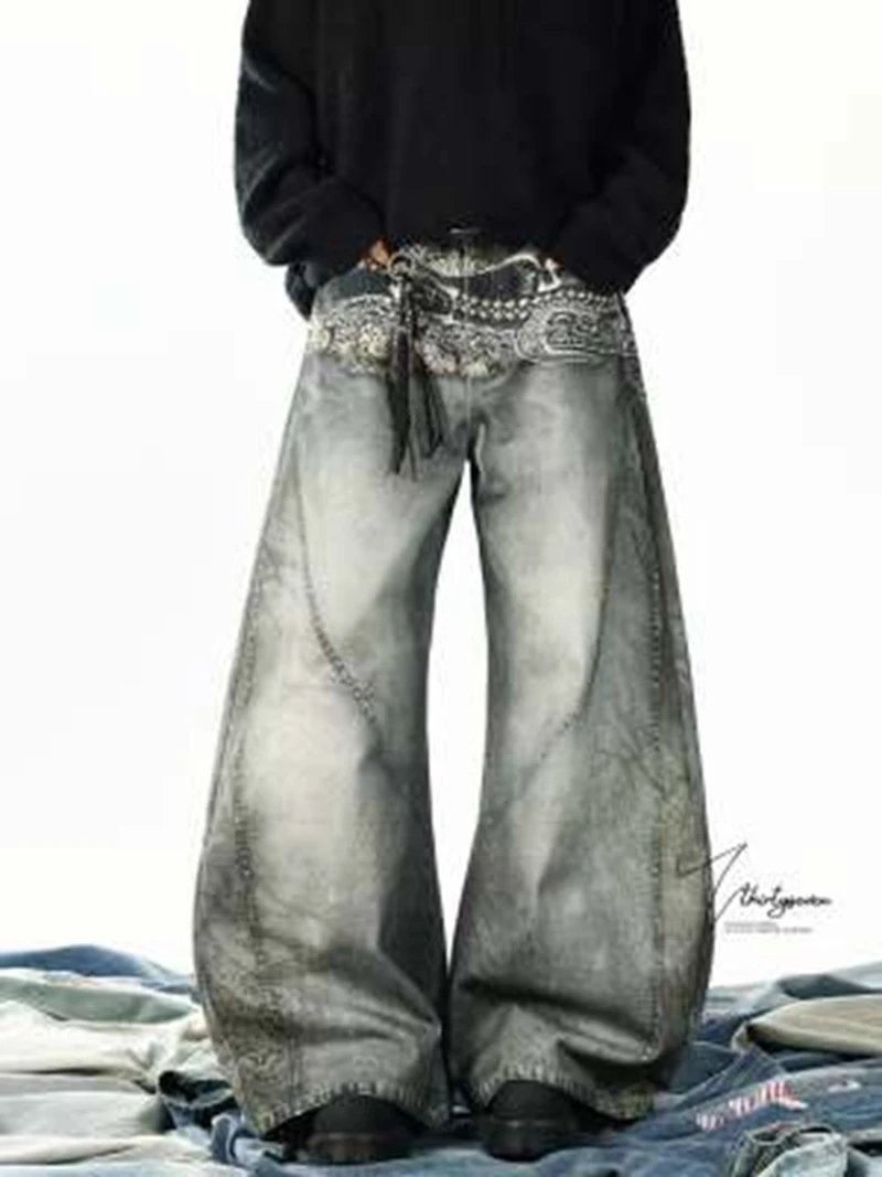 النمط الأمريكي الرجال منحني سكين Y2K حزام البنطال الجينز الطباعة التباين اللون غسل واسعة الساق خمر الهيب هوب الذكور سراويل جينز #4