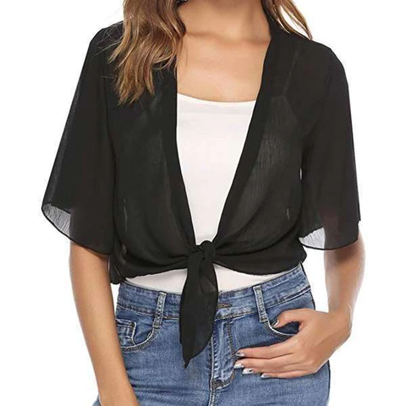 

GELITAYIN Summer New Short-sleeved Casual Loose Chiffon Shirt Slim Ladies Sunscreen Shirt Top