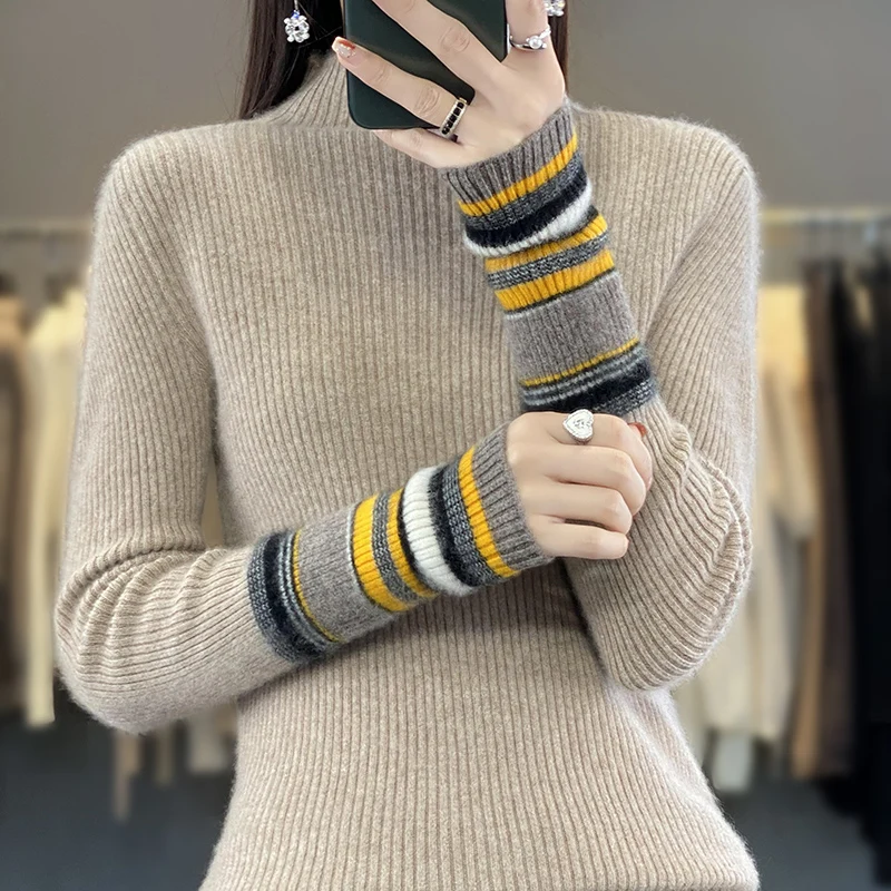 Color-blocked pure cashmere sweater for women half turtleneck Korean style slimming knitted pit stripe bottoming sweater