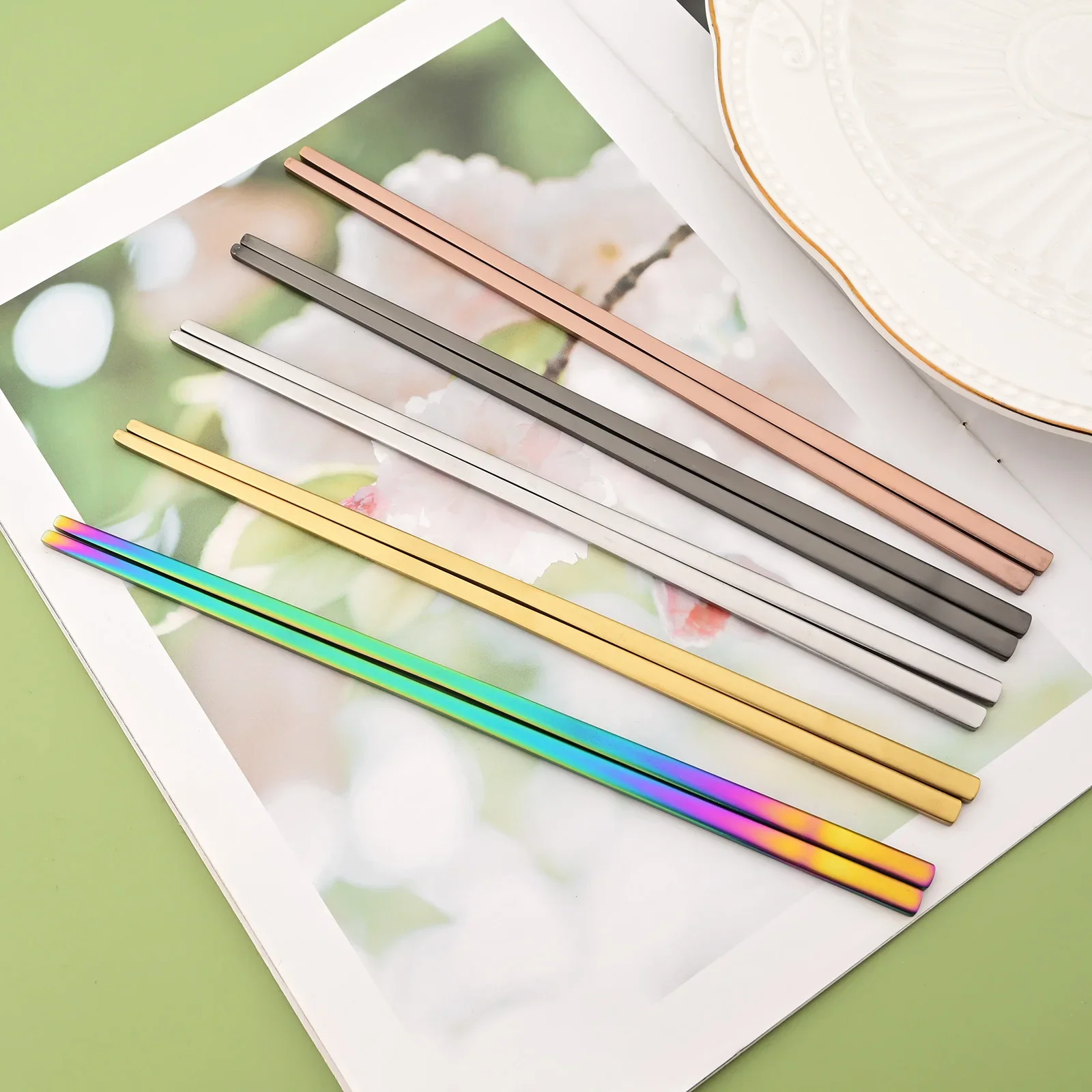 2 قطعة ماتي قوس قزح أواني الطعام مجموعة الكورية عشاء ملعقة عيدان أطباق الفولاذ المقاوم للصدأ أدوات المائدة المحمولة أدوات المائدة المطبخ مجموعة #5