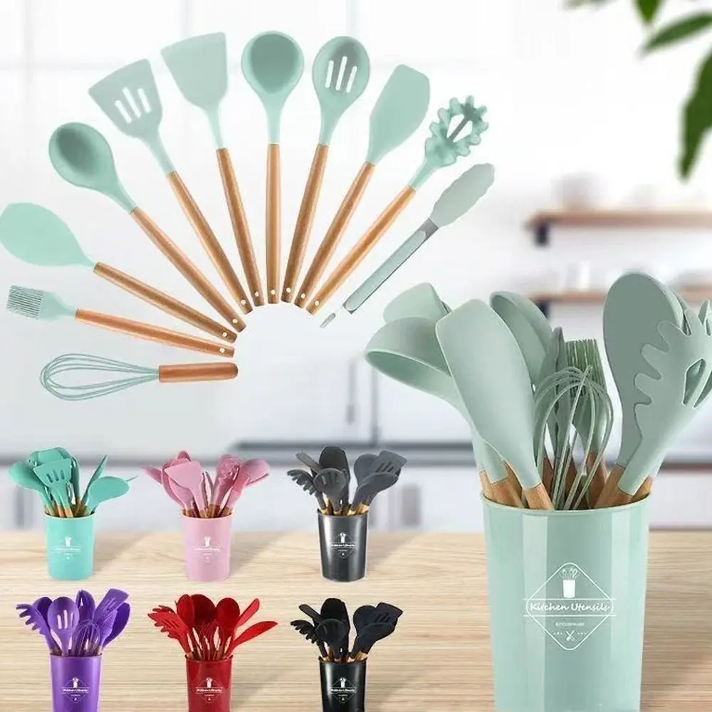 

12pcs Wooden Handle Kitchen Utensils Set Heat Resistant Silicone Baking Shovel Eco-Friendly with Storage Bucket Soup Spoon