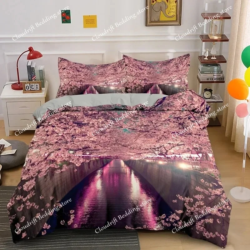 

Plum Blossom Duvet Cover Set King Pink Flower Quilt Cover for Girls Microfiber Branches Printed Japanese Ink Style Bedding Set