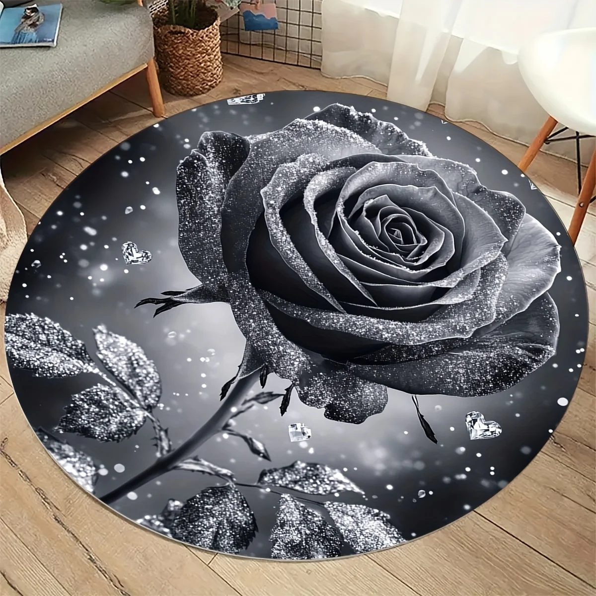 Monochrome Silver Glitter Black Rose Circular Area Rug  Crystal Hearts Sparkle Dark Tone Round Mat Gothic Home Decor Rug