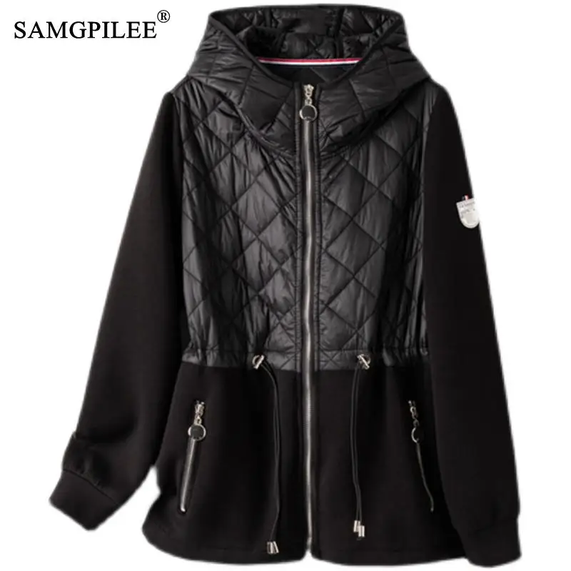 Winter Jacket Women 2022 New French Elegant Color Contrast Hooded Drawstring Waist Retracting Air Cotton Commuter Coat Woman 4XL