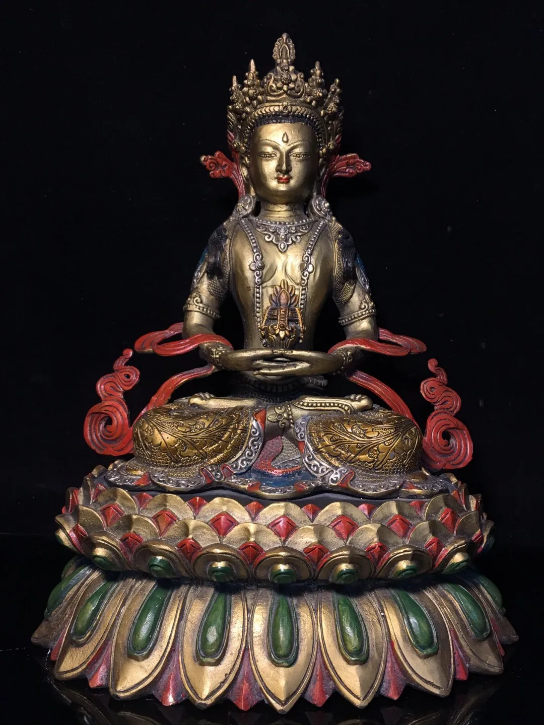 

Tibetan old copper gilt painted face longevity Buddha Tara ornament home Buddhist hall supplies collection 32cm