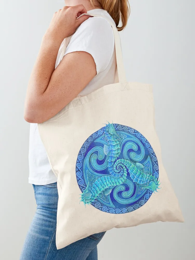 

Seahorse Triskele Blue Celtic Mandala Tote Bag eco bag folding tote bag women reusable shopping bags bags luxury women