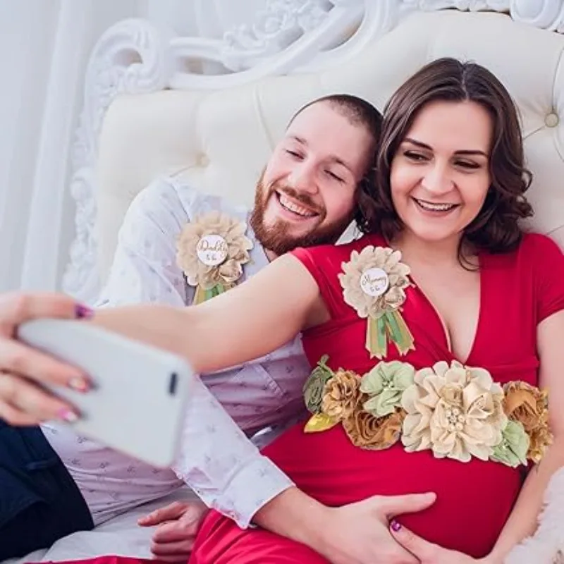 1세트/ 베이비 샤워 출산 새시 배꼽 벨트-핑크 꽃 새시 세트 엄마 & 아빠 예정자 코사지 핀 성별 공개용