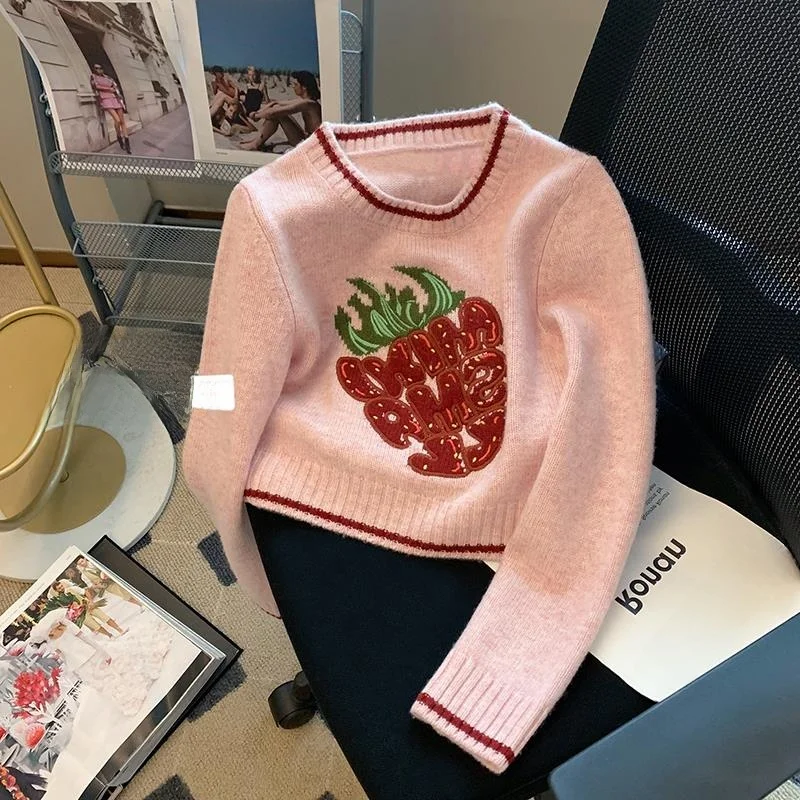 Pink Strawberry Knitted Sweater Women's Sweet Stylish Autumn Winter New Style Age Reduction Overhead Knitwear Handbag Store